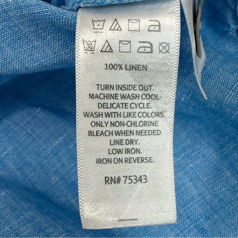 Tahari Top Blue Linen Collared V-neck 3/4 Sleeve Coastal Beachy Lightweight Sz L - Picture 6 of 12